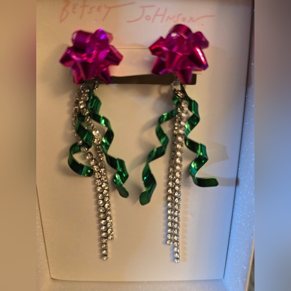 Betsey Johnson Christmas Bow Crystal Ribbon Holiday Front Back Drop Earrings NIB - Picture 7 of 16